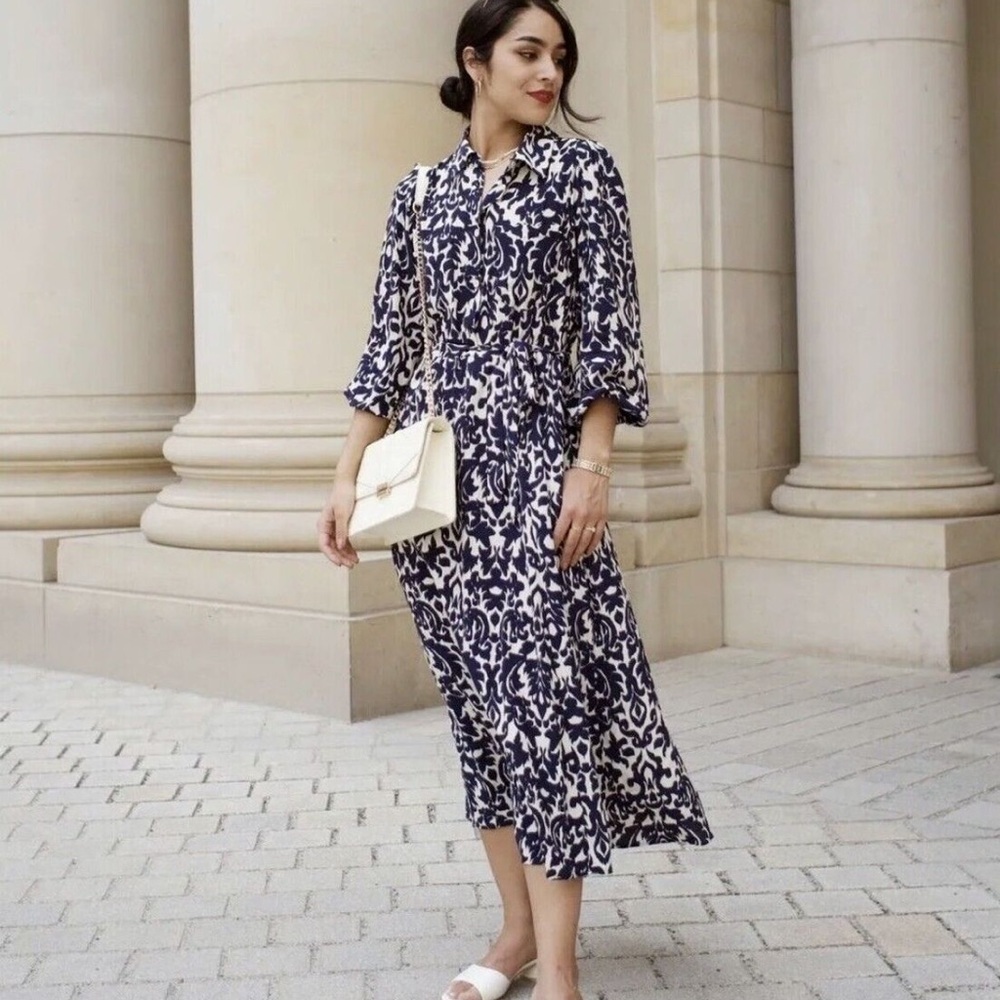 ZARA Navy Blue White Printed Midi Shirt Dress Size XL
Kaftan‎ Boho Work Vacation